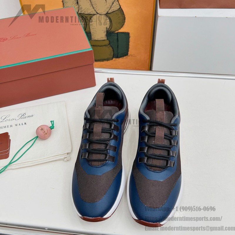 Loro Piana FAM1718-8000 Black Leather Sneakers Loro Piana FAM1718-8000 Black Sneakers Front View with White and Brown Detailing