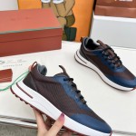 Loro Piana FAM1718-8000 Black Leather Sneakers Loro Piana FAM1718-8000 Black Sneakers Front View with White and Brown Detailing