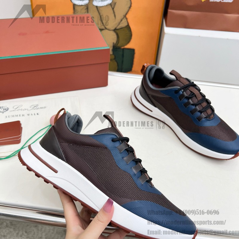Loro Piana FAM1718-8000 Black Leather Sneakers Loro Piana FAM1718-8000 Black Sneakers Front View with White and Brown Detailing