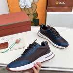 Loro Piana FAM1718-8000 Black Leather Sneakers Loro Piana FAM1718-8000 Black Sneakers Front View with White and Brown Detailing
