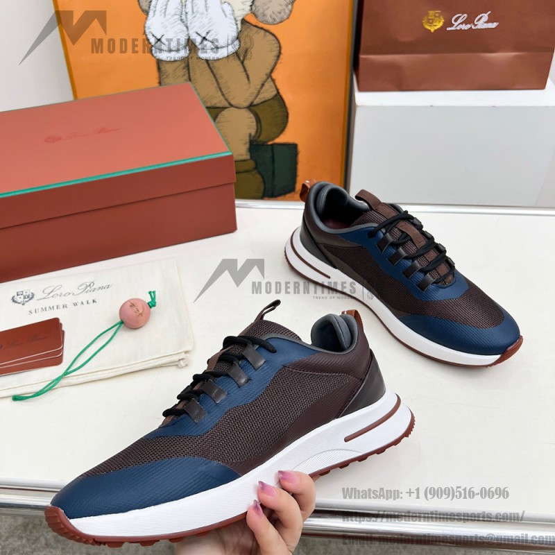 Loro Piana FAM1718-8000 Black Leather Sneakers Loro Piana FAM1718-8000 Black Sneakers Front View with White and Brown Detailing