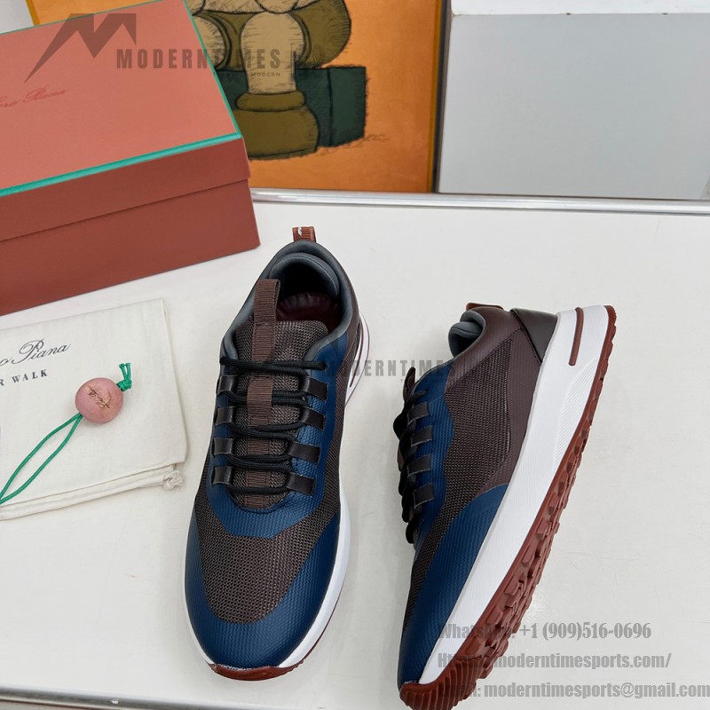 Loro Piana FAM1718-8000 Black Leather Sneakers Loro Piana FAM1718-8000 Black Sneakers Front View with White and Brown Detailing