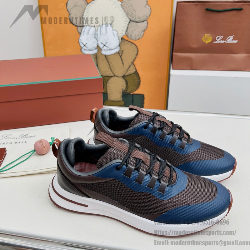 Loro Piana FAM1718-8000 Black Leather Sneakers Loro Piana FAM1718-8000 Black Sneakers Front View with White and Brown Detailing