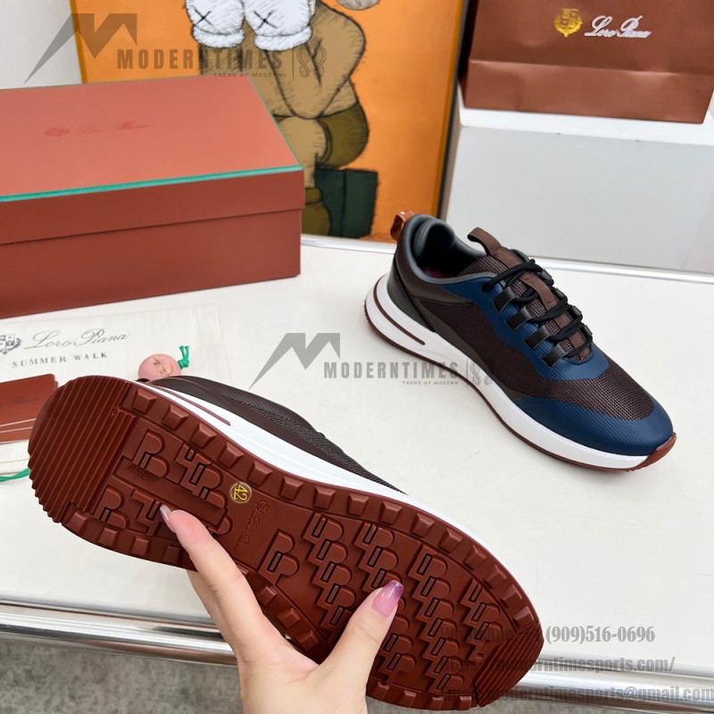 Loro Piana FAM1718-8000 Black Leather Sneakers Loro Piana FAM1718-8000 Black Sneakers Front View with White and Brown Detailing