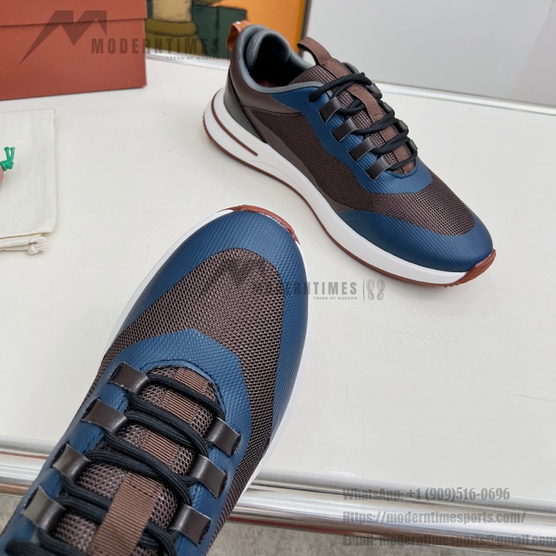Loro Piana FAM1718-8000 Black Leather Sneakers Loro Piana FAM1718-8000 Black Sneakers Front View with White and Brown Detailing