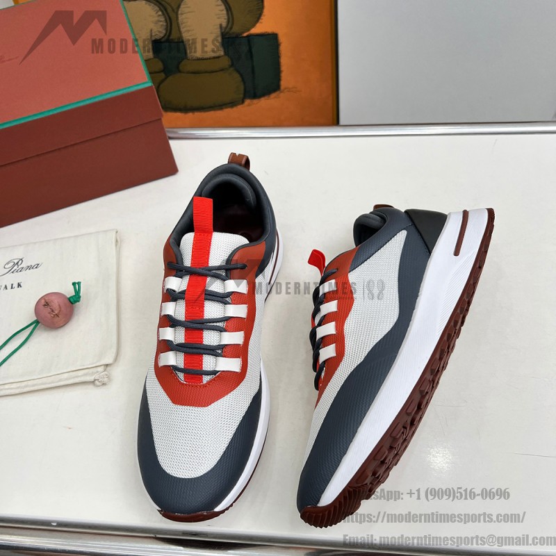 Loro Piana FAM1718-8000 Black Leather Sneakers Loro Piana FAM1718-8000 Black Sneakers Front View with White and Brown Detailing